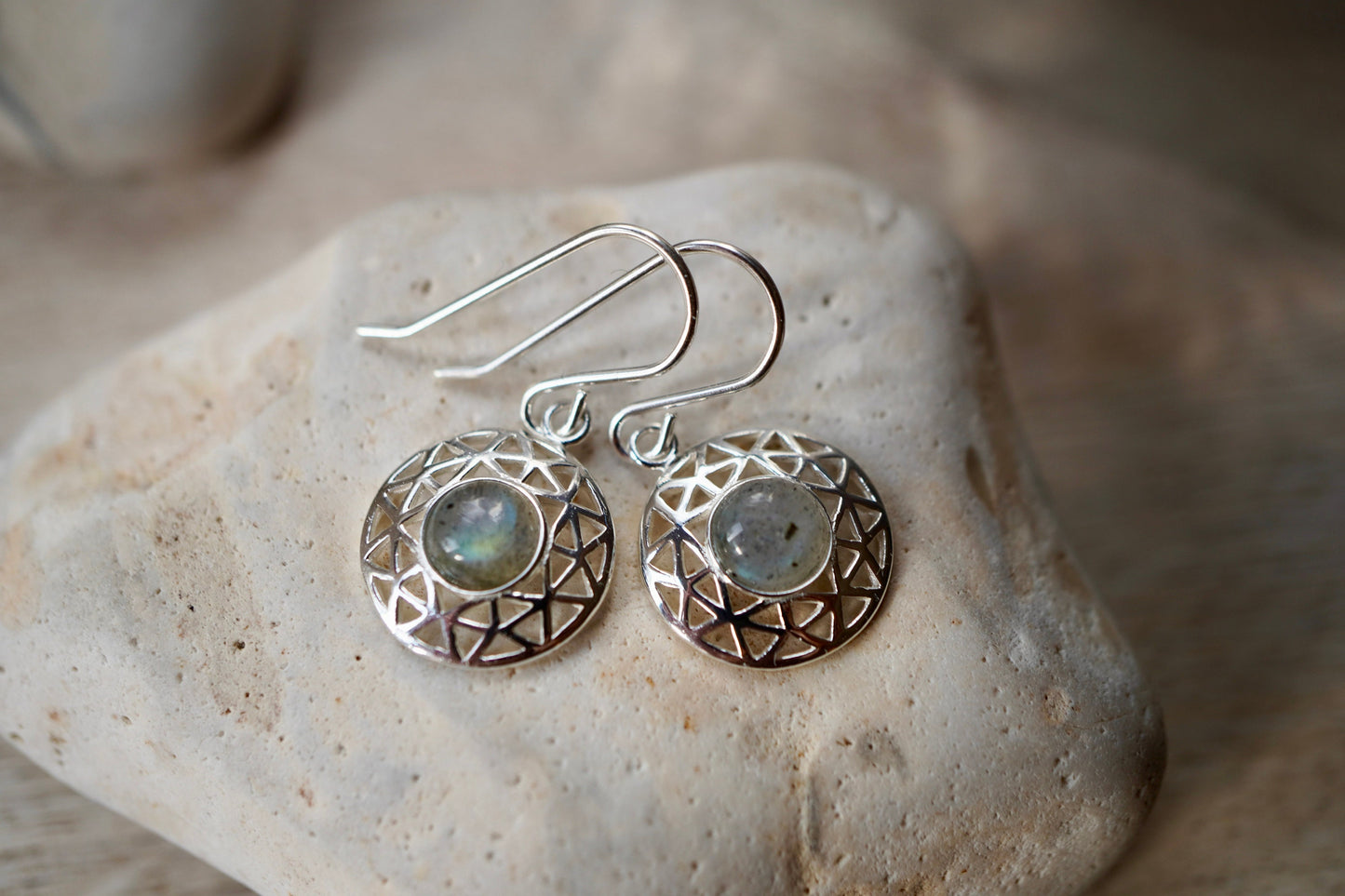 Round Sterling Silver Labradorite Stone Earrings