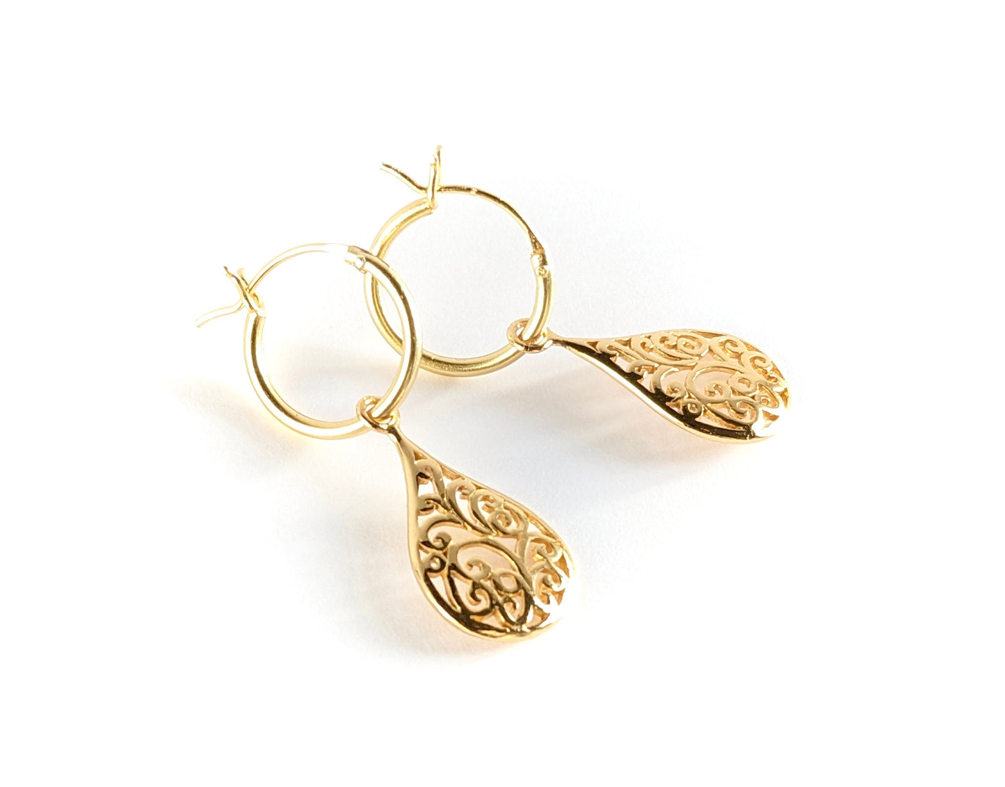 Gold Filigree Drop Hoop Earrings * Boho earrings * Hoop * Feminine jewellery