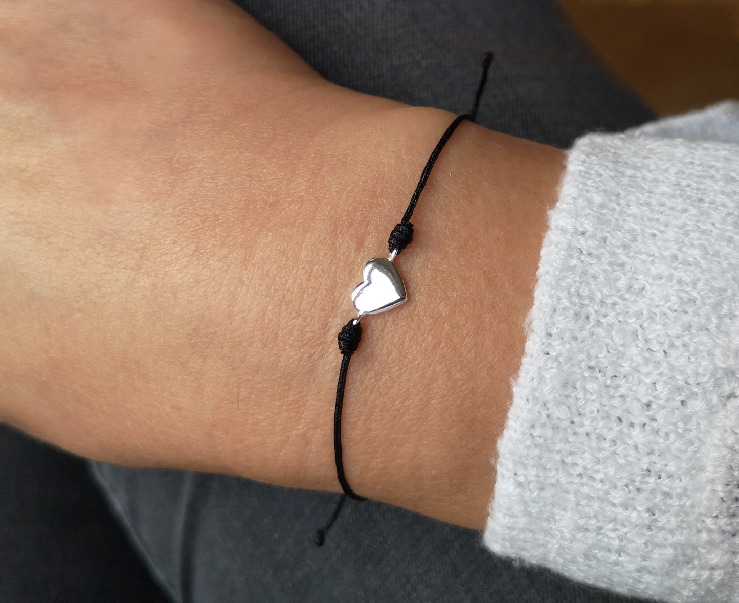 Silver Heart Black Cord Bracelet * Sterling Silver * Friendship bracelet * Love*