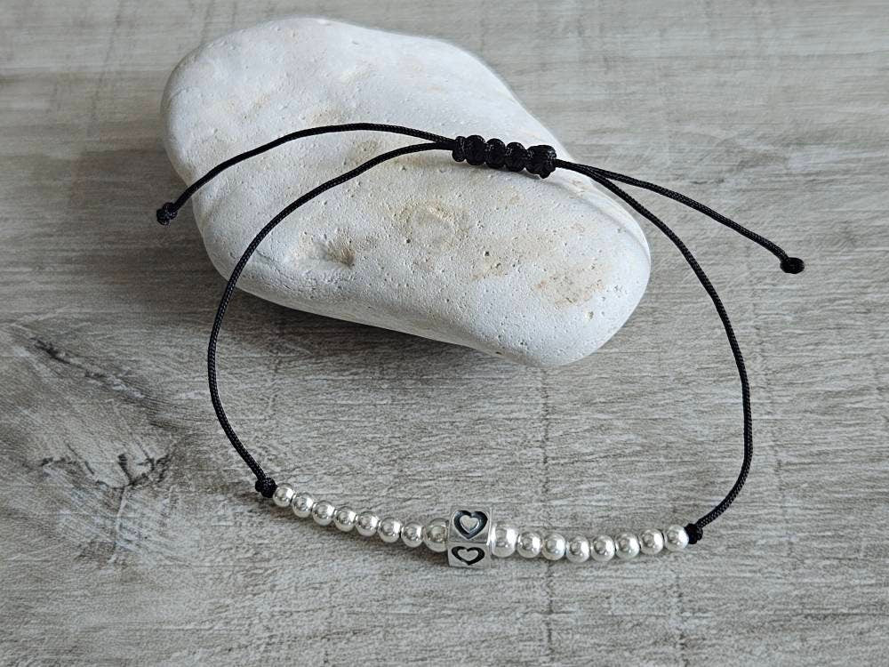 Sterling Silver Heart Cube Cord Bracelet* Dainty* Feminine*