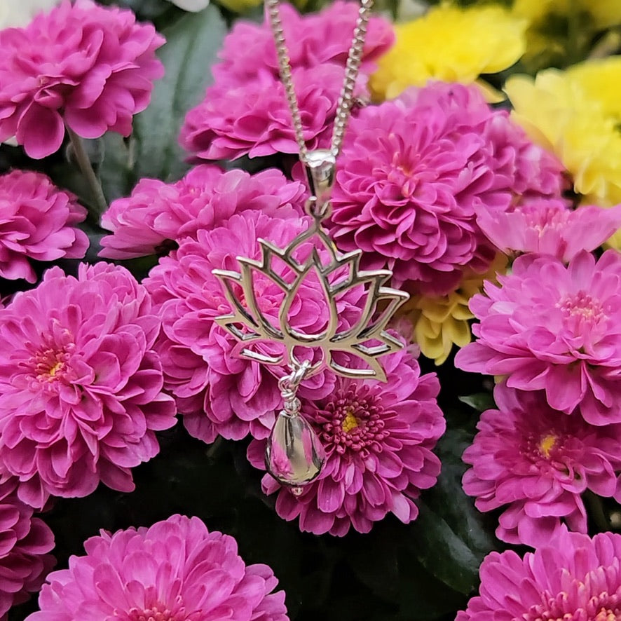Lotus Flower Serling Silver Pendant Necklace with Teardrop Charm * Gift for nature lovers * Minimalist Yoga Jewellery