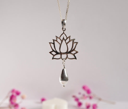 Lotus Flower Serling Silver Pendant Necklace with Teardrop Charm * Gift for nature lovers * Minimalist Yoga Jewellery