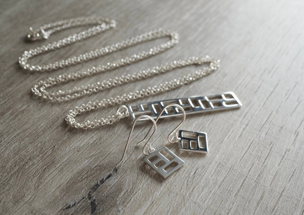 Sterling Silver Geometric Earrings * Geometric Long Necklace * Gift for her