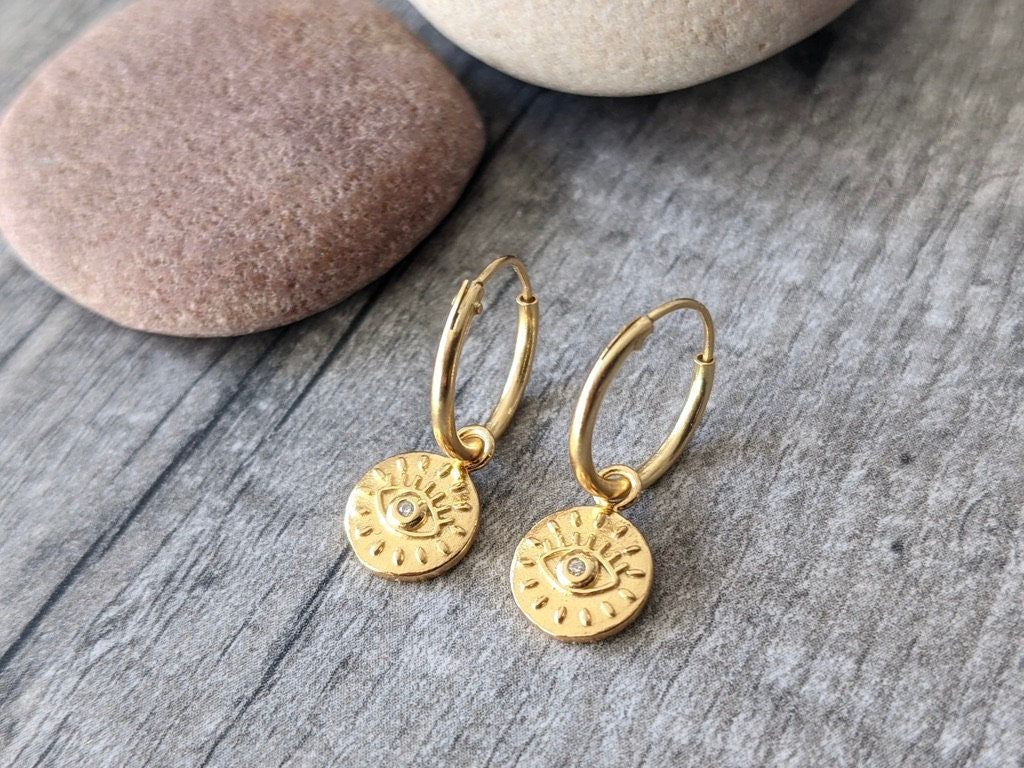 Gold Evil Eye Hoop Earrings * Boho hoops * Feminine jewellery Evil Eye Sterling Silver * Talisman jewellery * Amulet