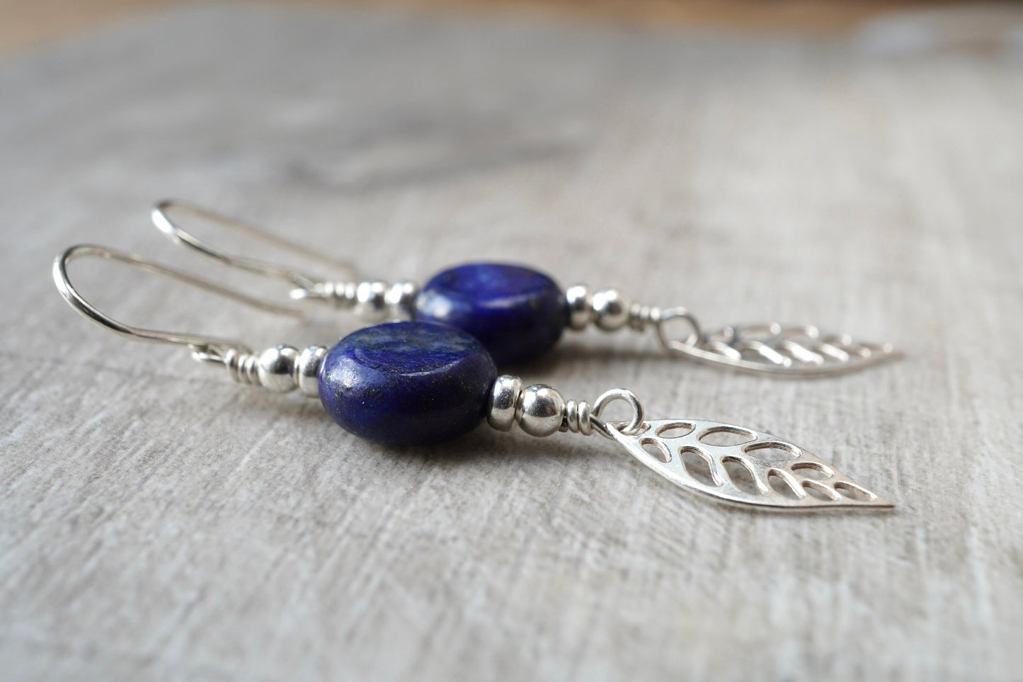 Lapis Lazuli Silver Leaf Earrings * Blue earrings * Gift for her * September Birthstone