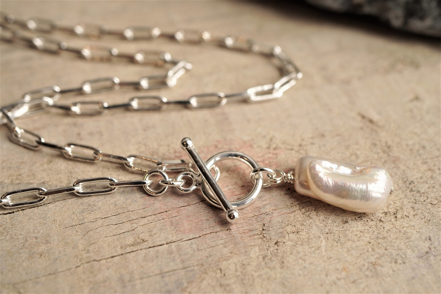 Paperclip Pearl Sterling Silver Necklace* Long link Necklace* Gift For Her