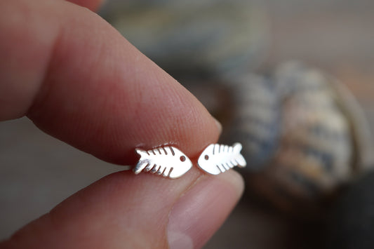 Fish Bone Sterling Silver Stud Earrings