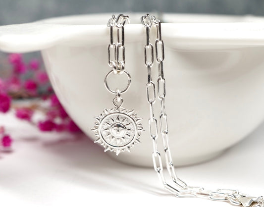 Sun Paperclip Sterling Silver Necklace * Boho Sun Charm Necklace