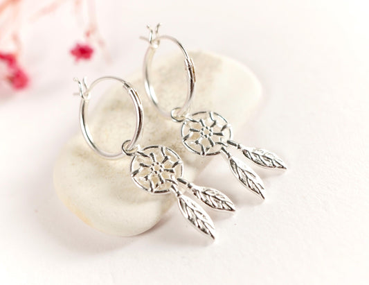 Sterling Silver Dreamcatcher Hoop earrings * Boho earrings * Circle of life