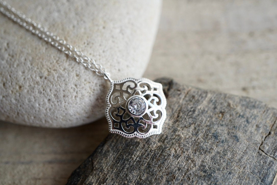 Dainty Ornate Sterling Silver Necklace * Arabesque * Moroccan * Feminine * Layered necklace