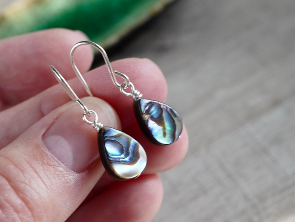 Cute Abalone Shell Drop Earrings * Sterling Silver Earrings * Hoop Earrings