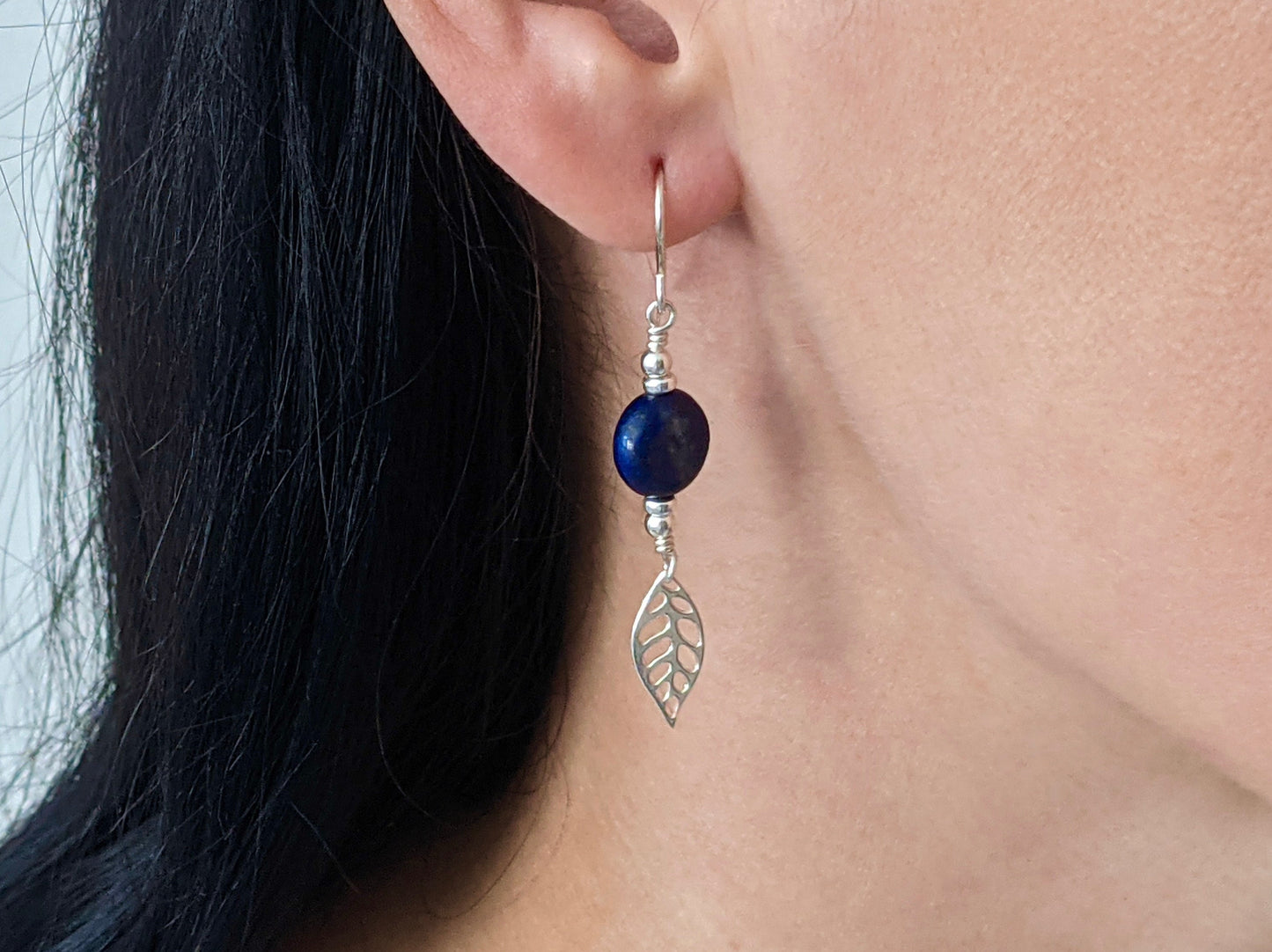 Lapis Lazuli Silver Leaf Earrings * Blue earrings * Gift for her * September Birthstone