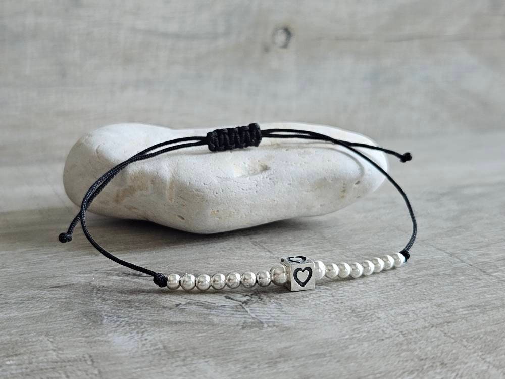 Sterling Silver Heart Cube Cord Bracelet*  Dainty* Feminine*