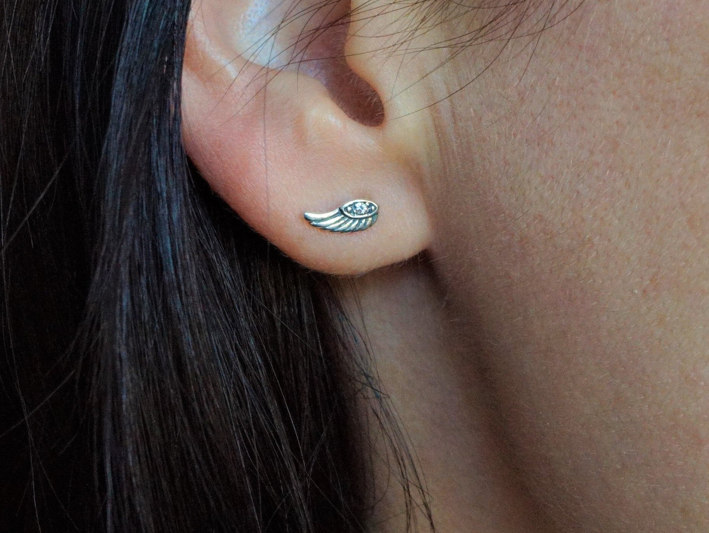 Tiny Sterling Silver Angel Wing Earrings, Stud earrings, Wing earrings, Sterling silver stud