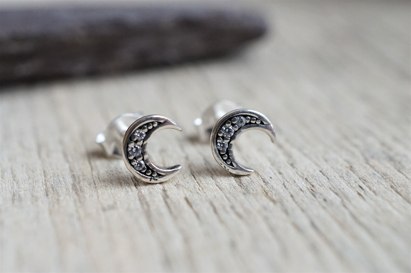 Sterling Silver Moon Zirconia Earrings, Stud earrings, Crescent moon jewelry