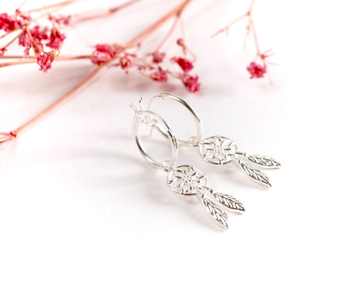 Sterling Silver Dreamcatcher Hoop earrings * Boho earrings * Circle of life