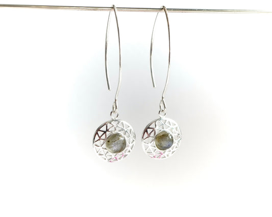 Round Sterling Silver Labradorite Long Earrings