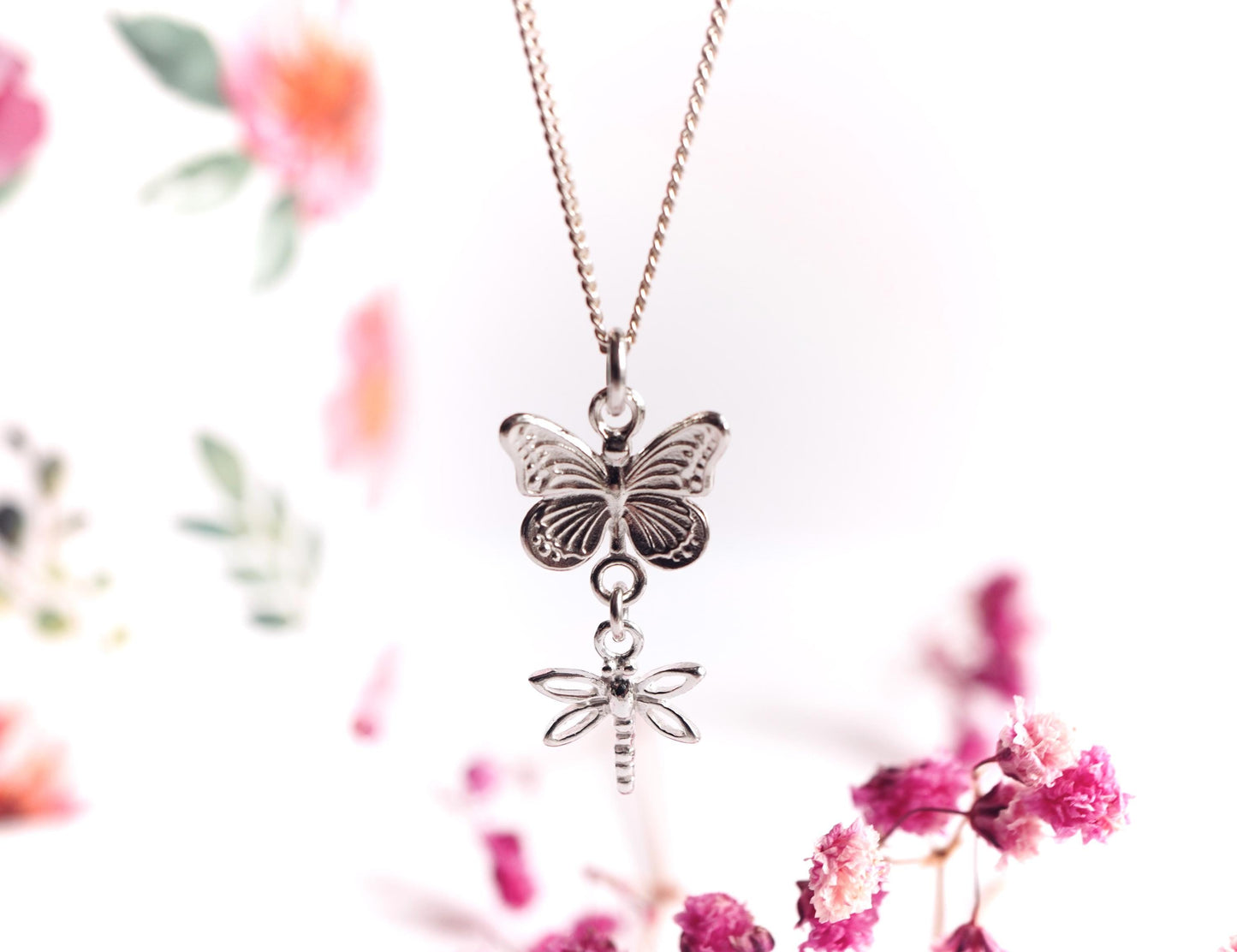 Butterfly & Dragonfly Charm Necklace * Sterling Silver necklace * Gift for nature lovers * Nature Charm Pnendant