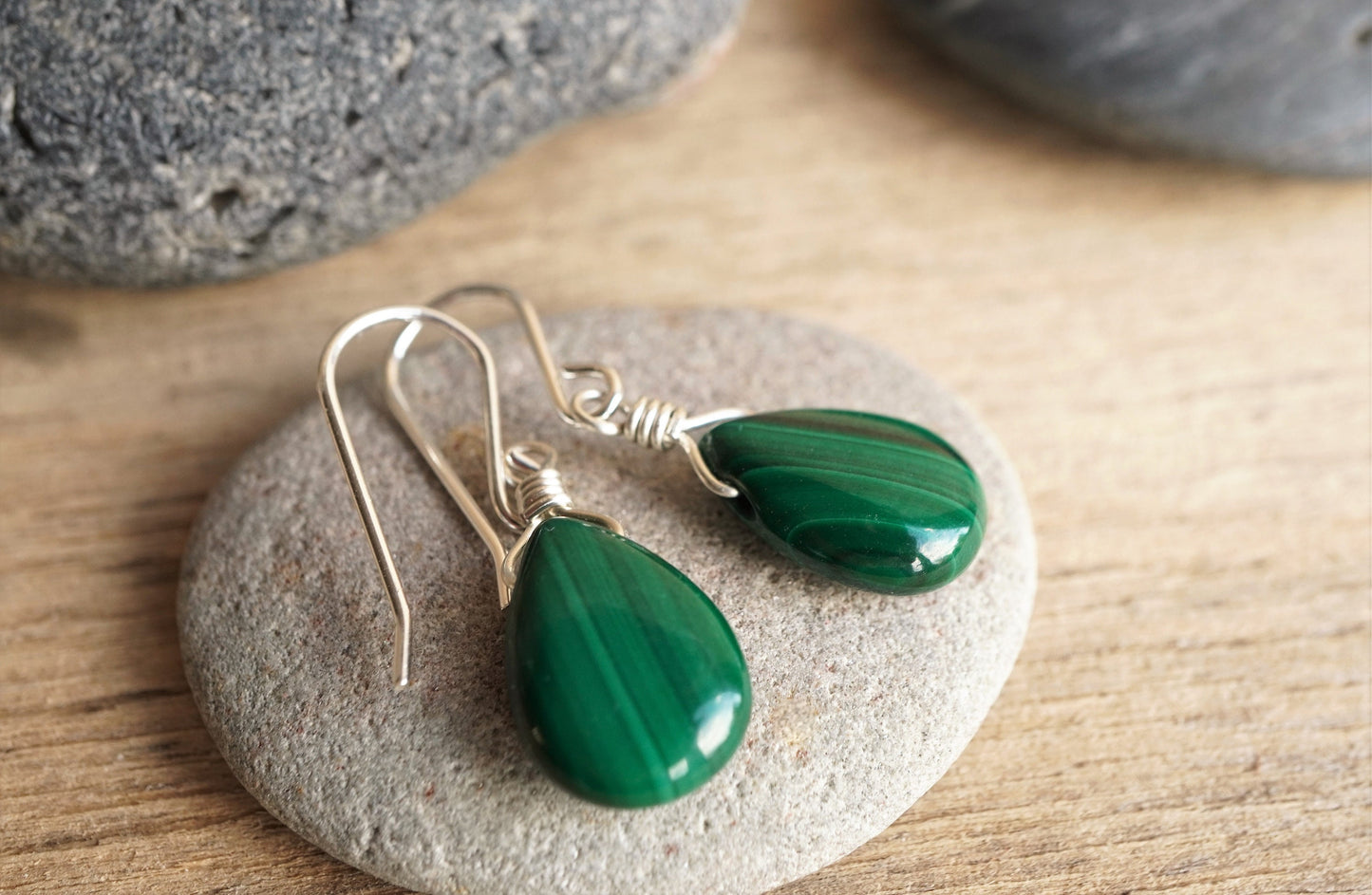 Malachite Drop Earrings * Gift for her * Dark green stone *