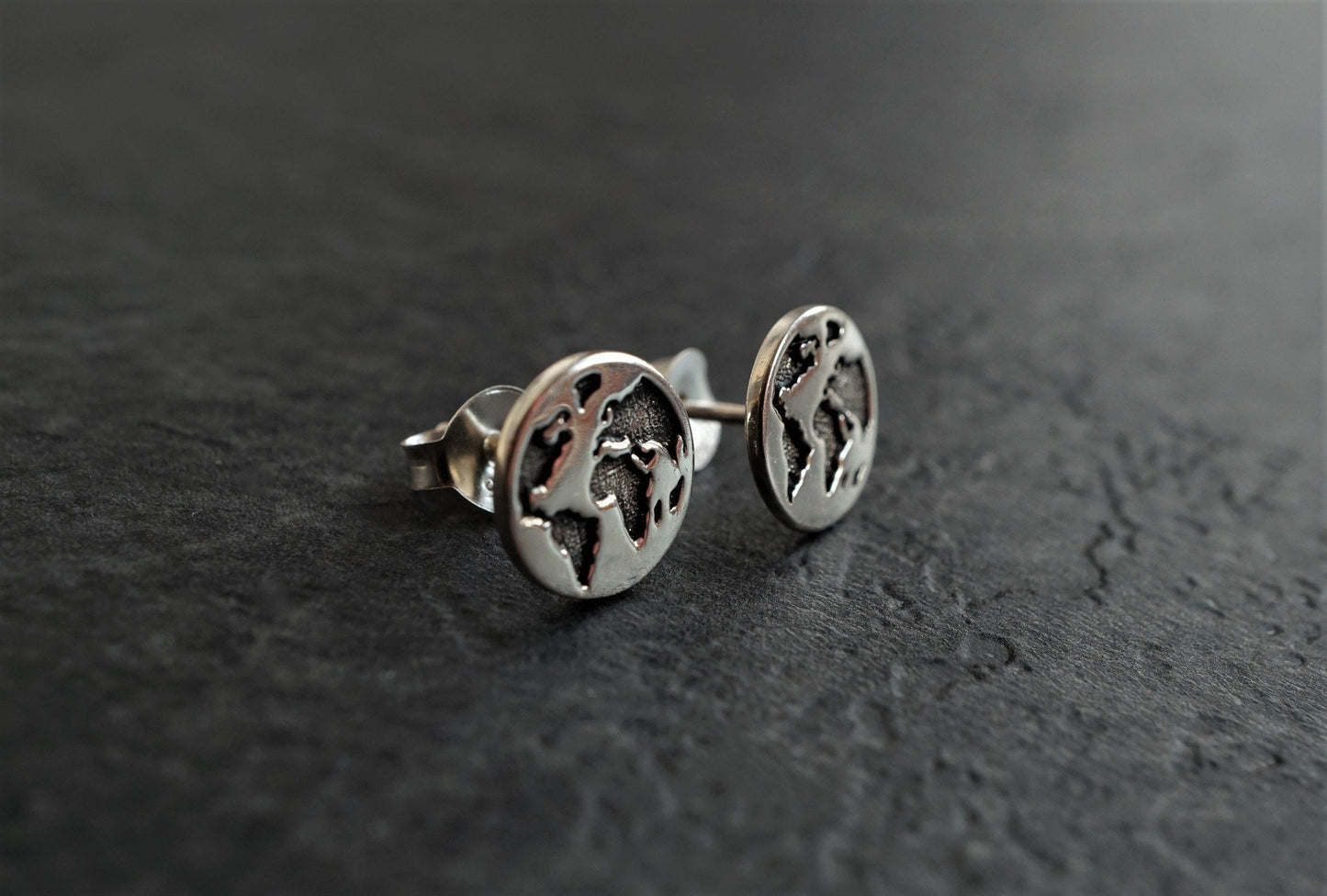 Sterling Silver Earth Ear Stud * Word Map Earrings * Traveller jewellery * World Map stud