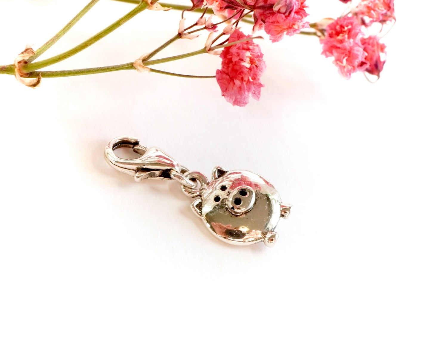 Sterling Silver Pig Clip on Charm, Pig charm, Good luck charm