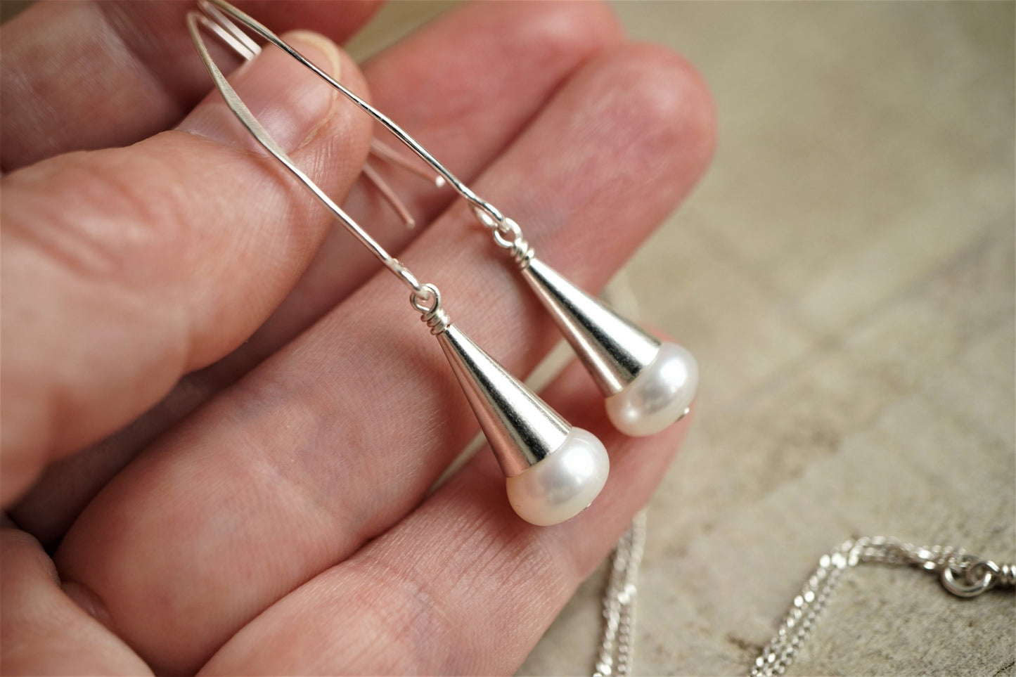 Pearl Cone drop Earrings * Dangle earrings * Bridesmaid gift  * Pearl earrings * Gift for her