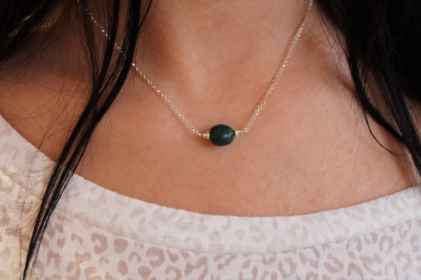 Malachite Nugget Sterling Silver Necklace * Gift for her * Green stone * Protection stone