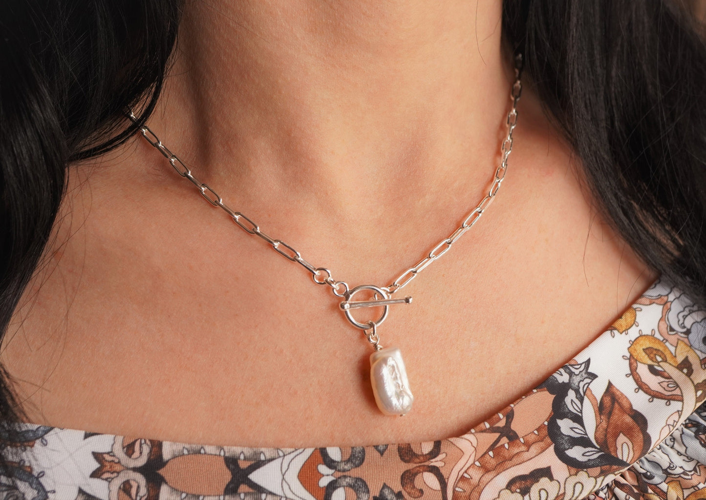 Paperclip Pearl Sterling Silver Necklace* Long link Necklace* Gift For Her