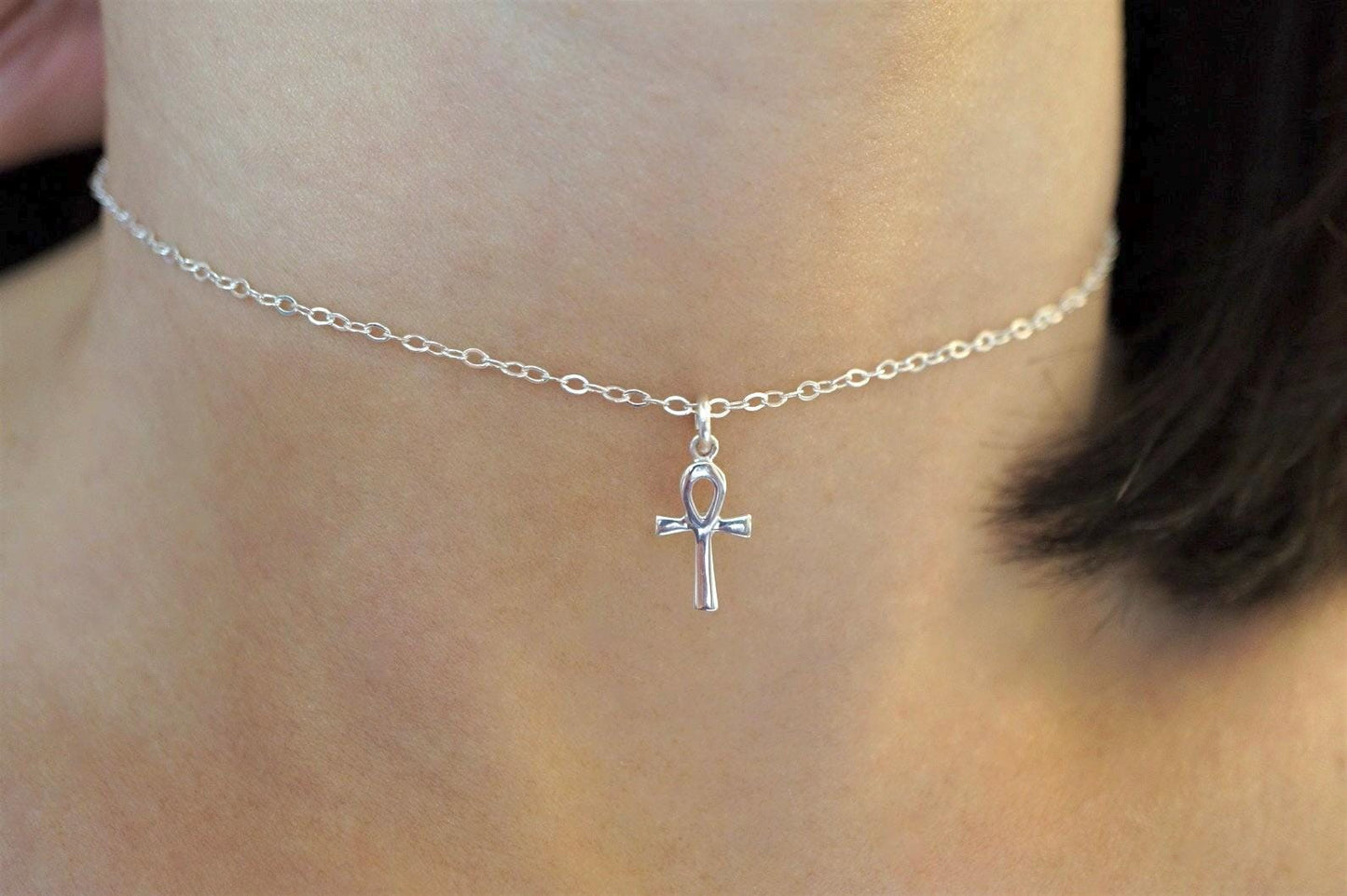 Small Ankh Charm Sterling Silver Choker Necklace* Egyptian cross* Symbol of Life * Ancient Egypt* Oxidized silver