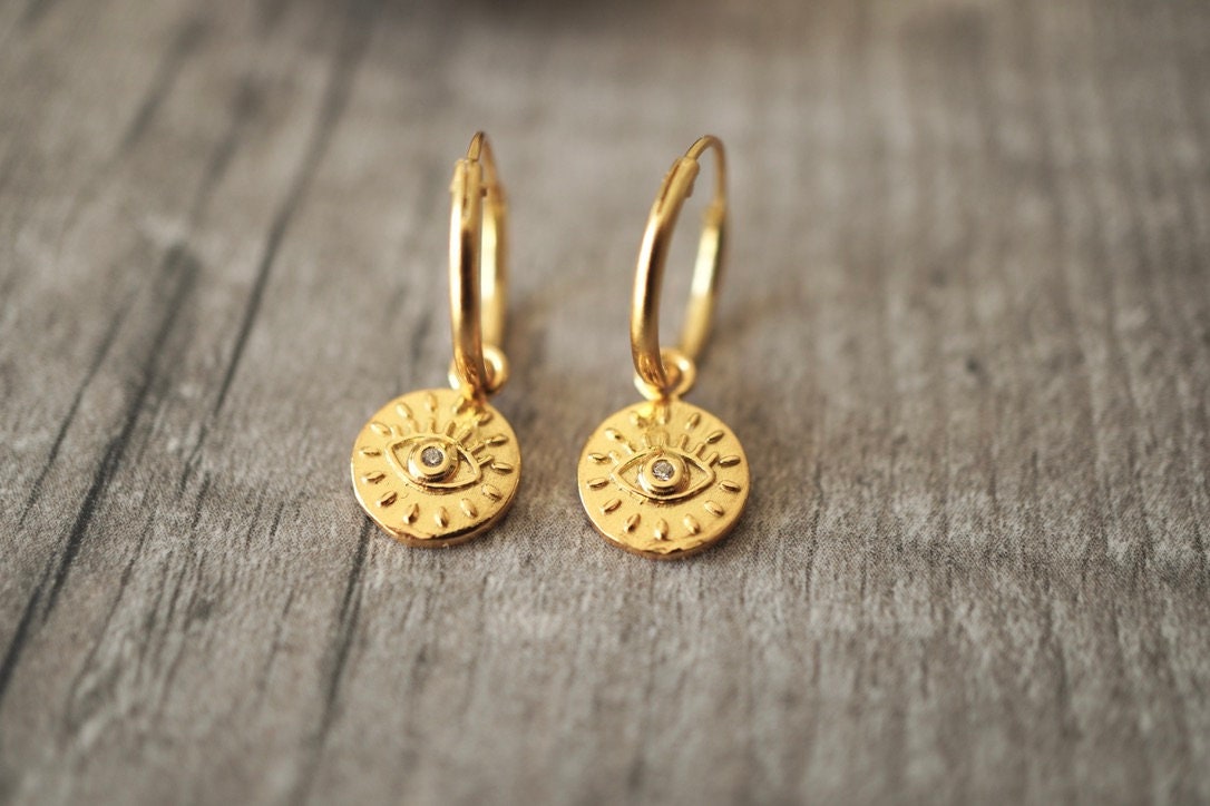 Gold Evil Eye Hoop Earrings * Boho hoops * Feminine jewellery Evil Eye Sterling Silver * Talisman jewellery * Amulet