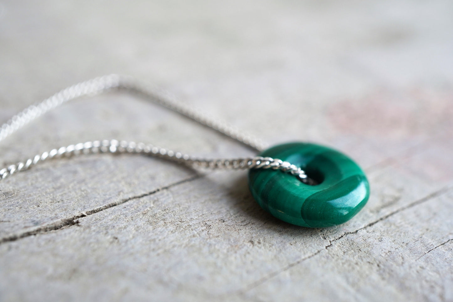 Cute Malachite Donut Sterling Silver Necklace * Gift for her * Green stone * Protection stone