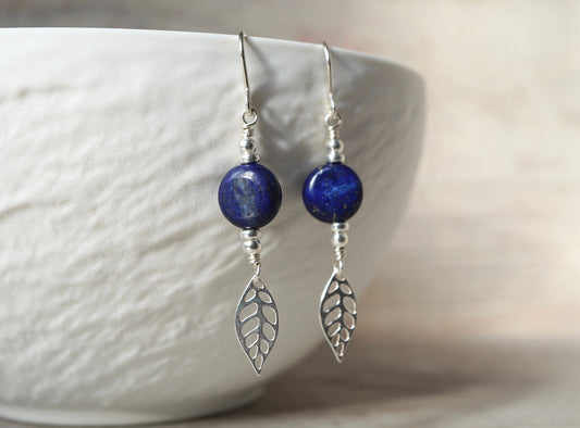 Lapis Lazuli Silver Leaf Earrings * Blue earrings * Gift for her * September Birthstone