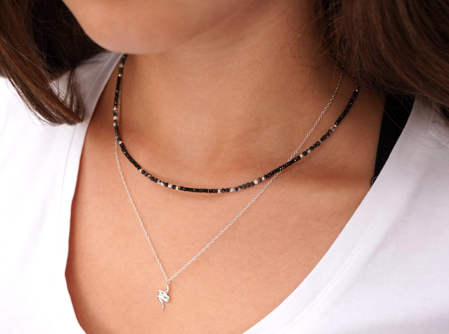 Black Jasper Spinel Beaded Choker * Sterling silver beads * Boho choker * Lightweight