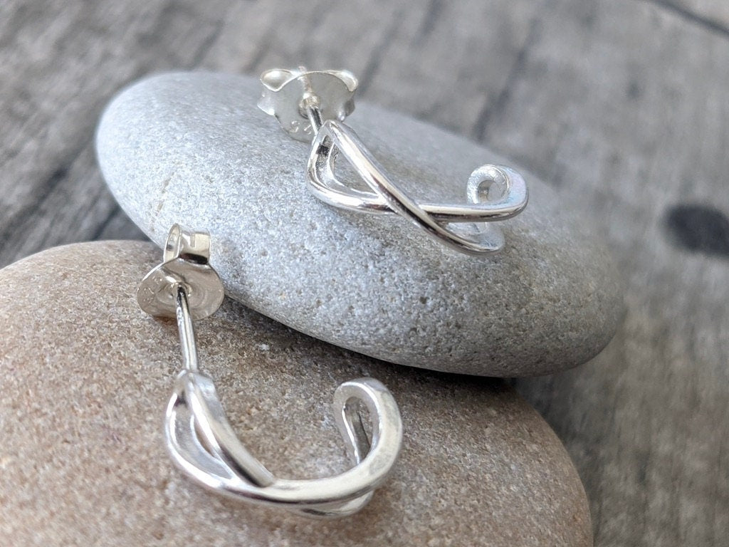 Sterling Silver Half Hoop Stud Earrings * Boho earrings * Minimalist Hoop Stud * Silver Earrings *