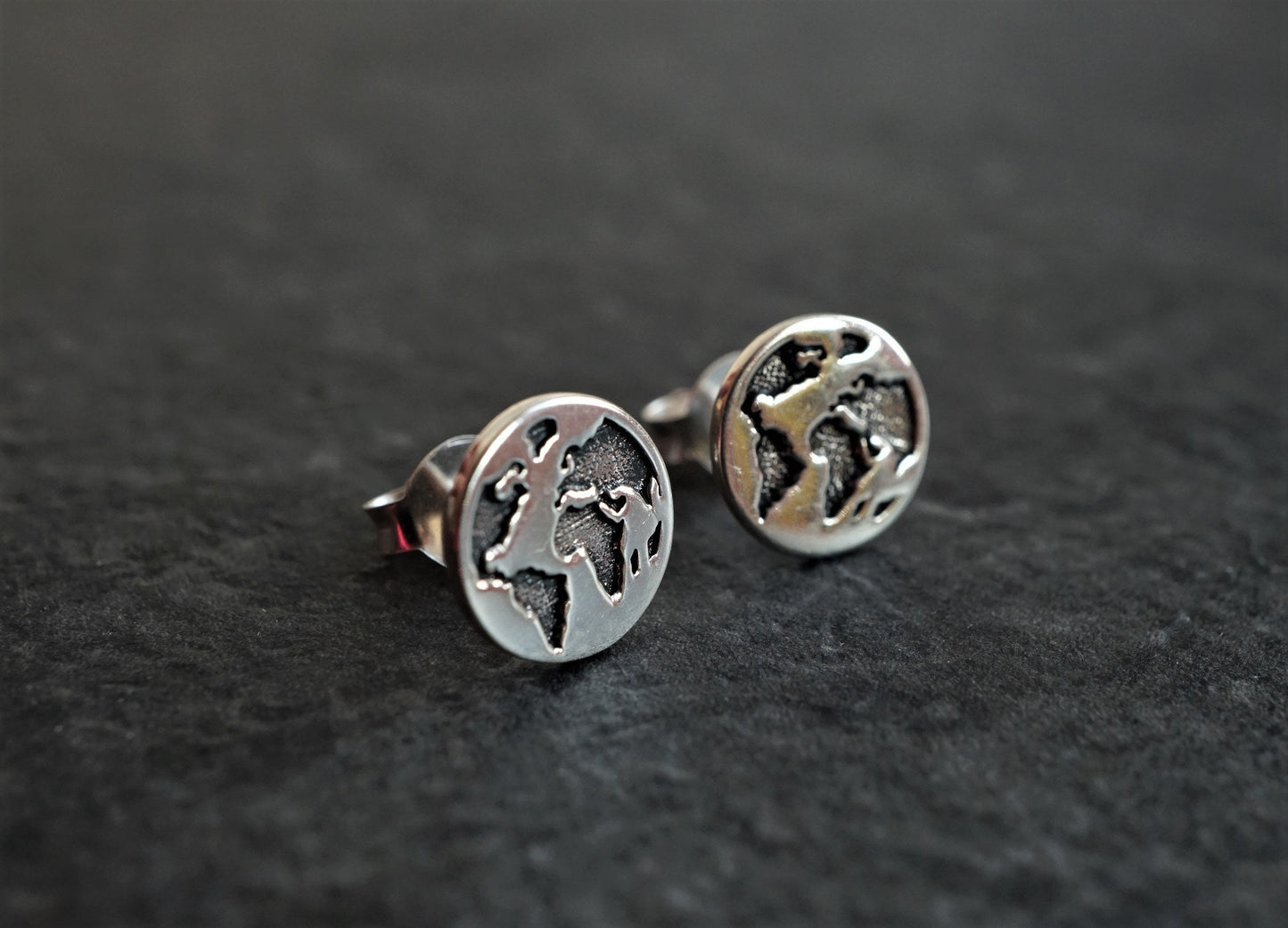 Sterling Silver Earth Ear Stud * Word Map Earrings * Traveller jewellery * World Map stud