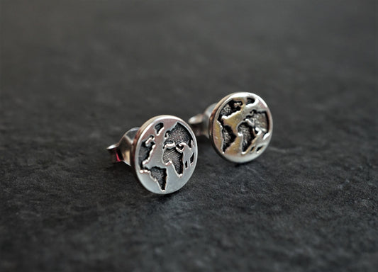 Sterling Silver Earth Ear Stud * Word Map Earrings * Traveller jewellery * World Map stud