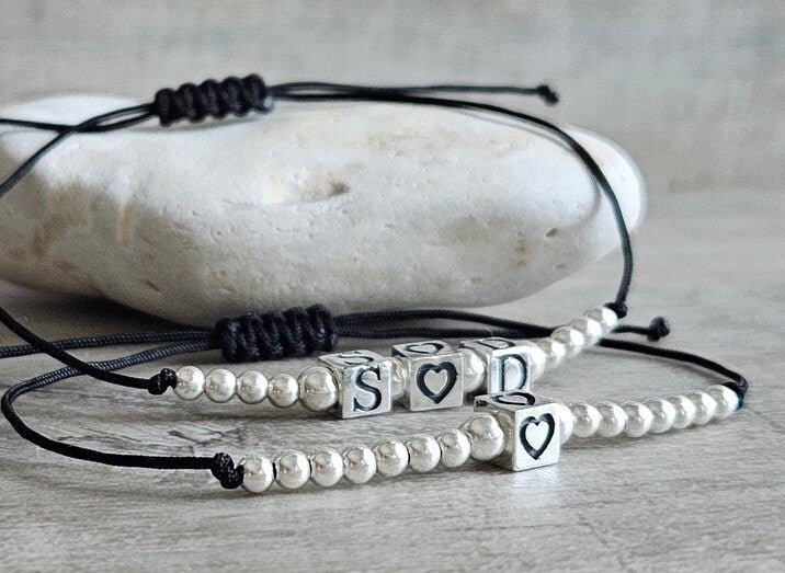Sterling Silver Heart or Initial Cube Cord Bracelet* Love bracelet* Feminine*