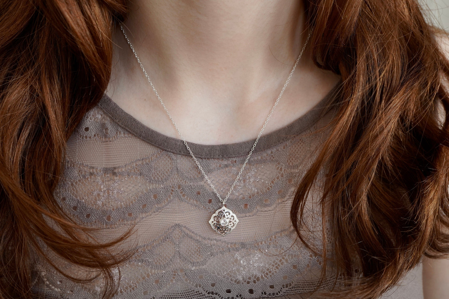 Dainty Ornate Sterling Silver Necklace * Arabesque * Moroccan * Feminine * Layered necklace