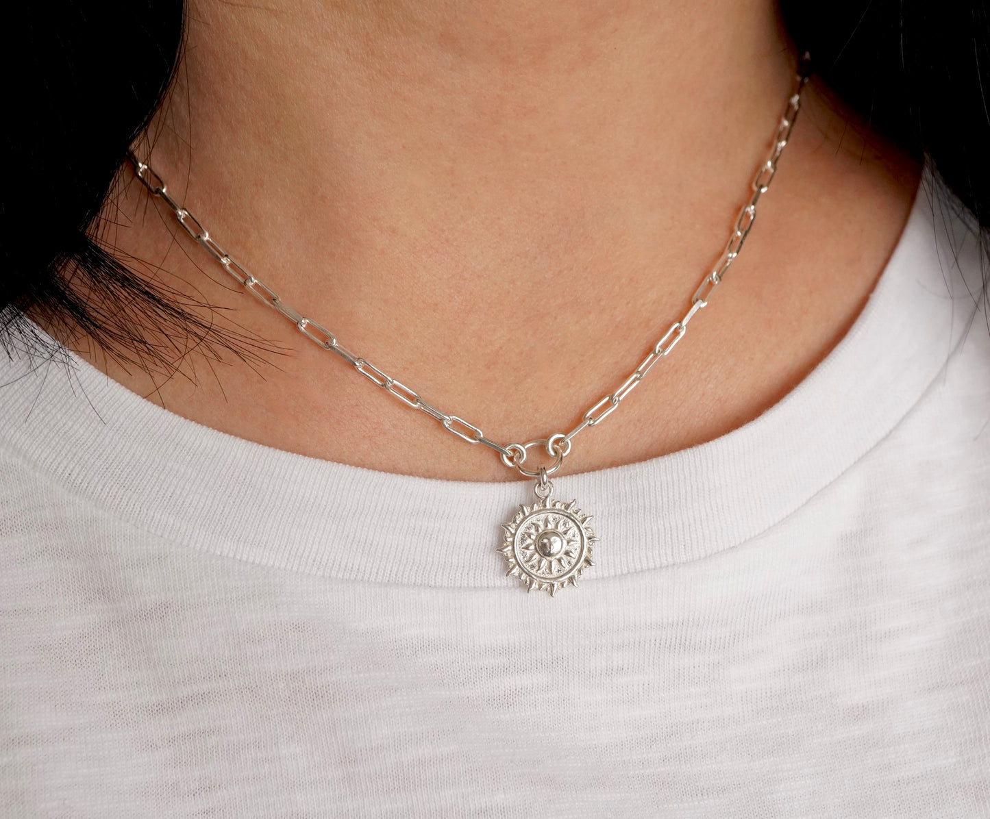 Sun Paperclip Sterling Silver Necklace * Boho Sun Charm Necklace
