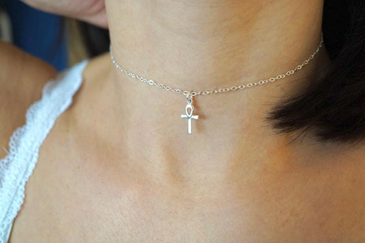 Small Ankh Charm Sterling Silver Choker Necklace* Egyptian cross* Symbol of Life * Ancient Egypt* Oxidized silver