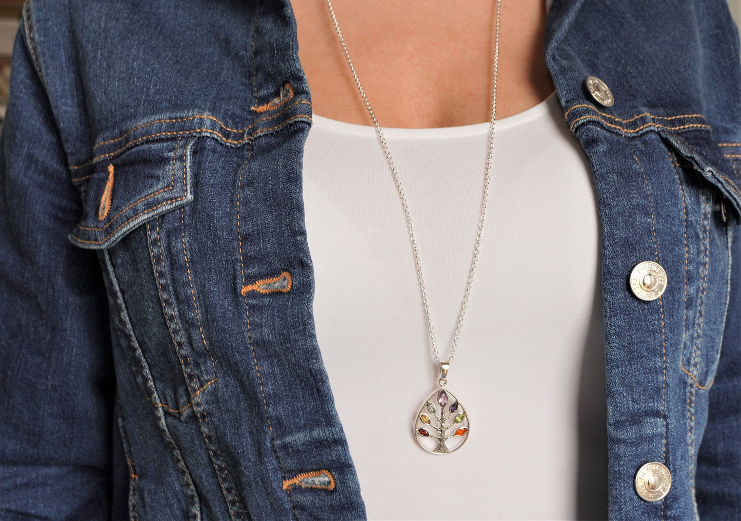 Sterling Silver Chakra Tree of Life Necklace * Long necklace * Gift for her * Tree necklace