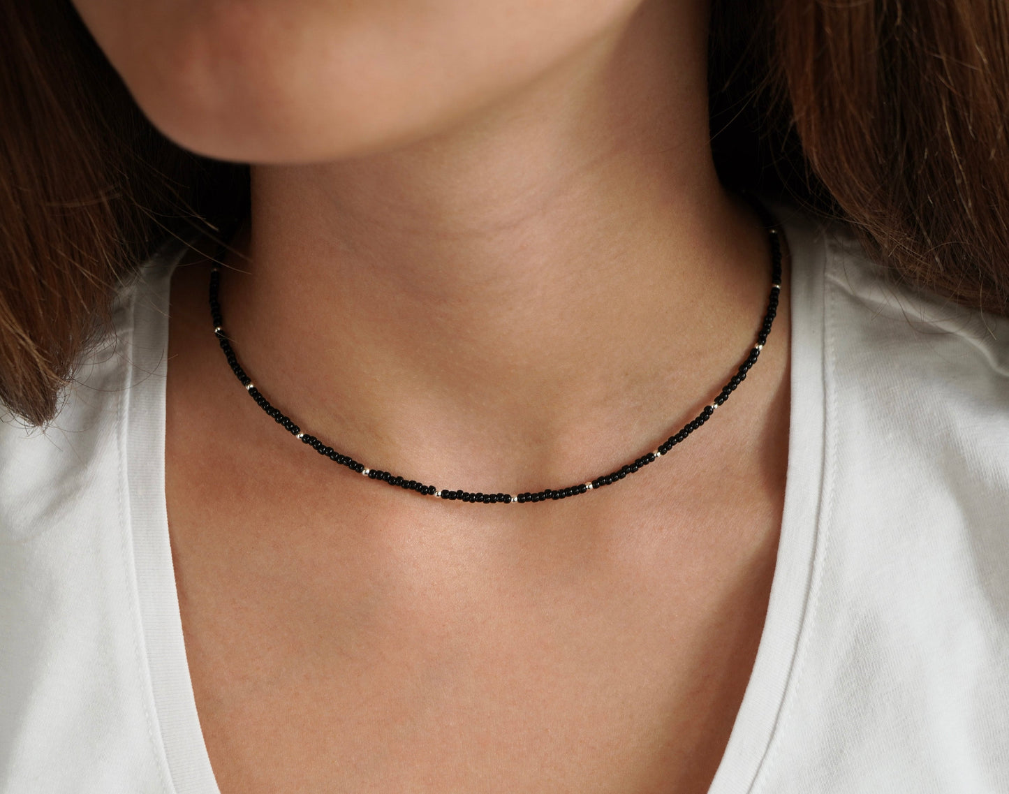 Black & Silver Beaded Choker * Sterling silver beads * Boho choker * Lightweight