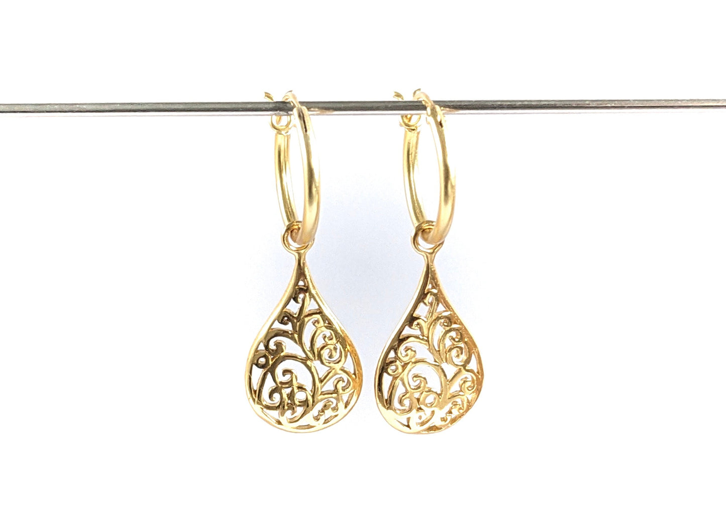 Gold Filigree Drop Hoop Earrings * Boho earrings *  Hoop * Feminine jewellery