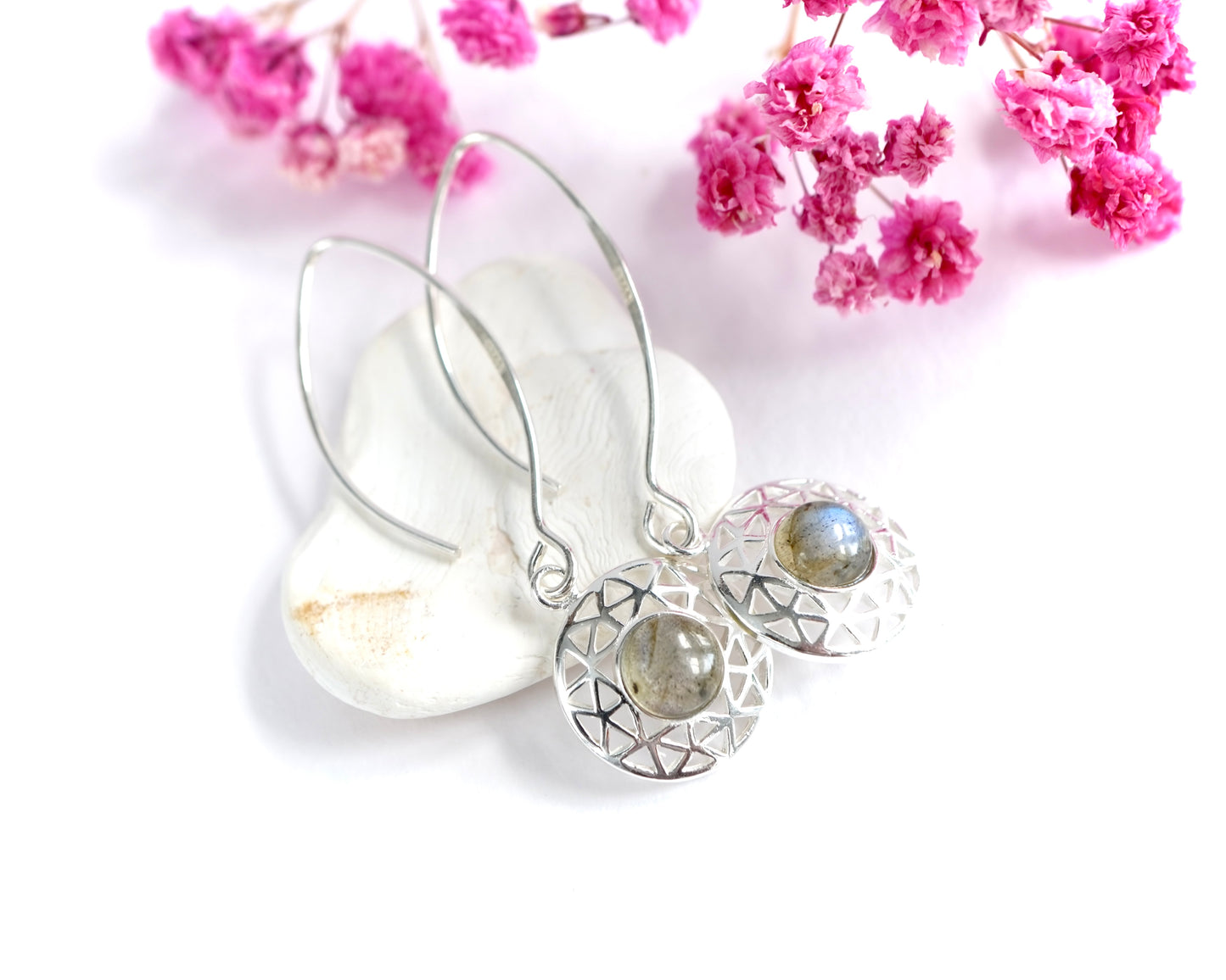 Round Sterling Silver Labradorite Long Earrings
