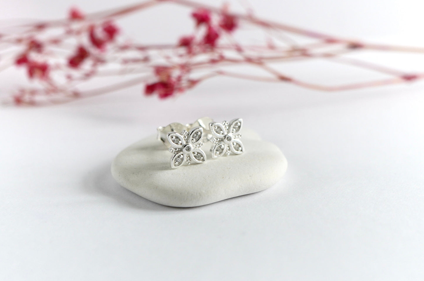 Four Petal Sterling Silver Stud Earrings * Petal cross * Quatrefoil