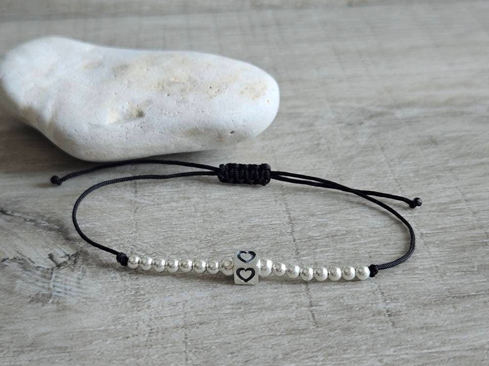 Sterling Silver Heart Cube Cord Bracelet*  Dainty* Feminine*