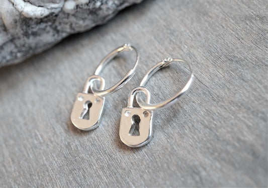 Sterling Silver Padlock Hoop earrings * Boho earrings * Hoop jewellery