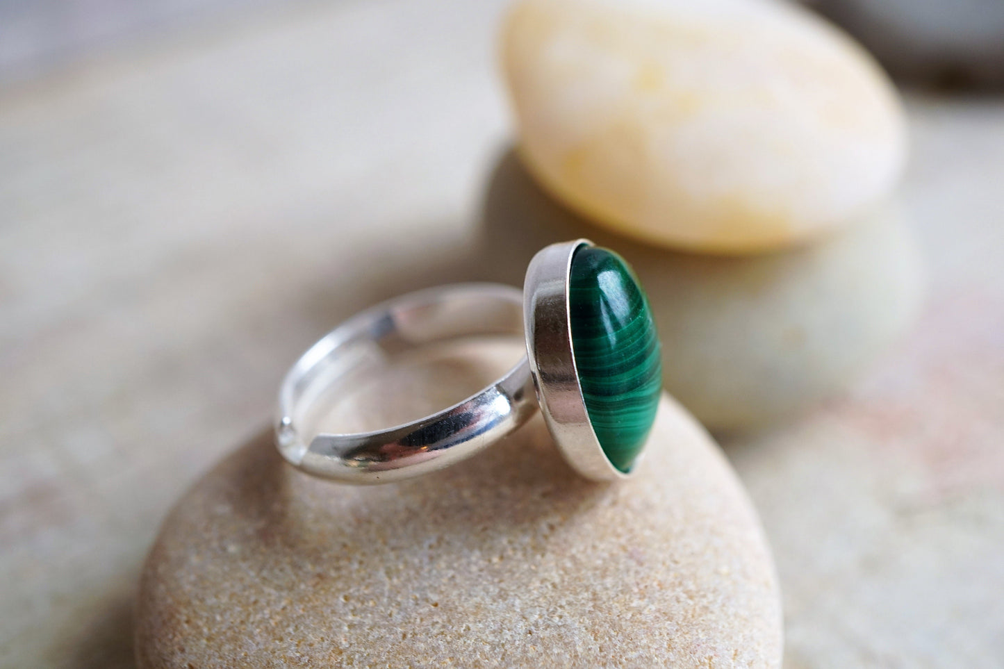Malachite Sterling Silver Adjustable Ring * Green Stone ring * Gift for her * Minimalist ring