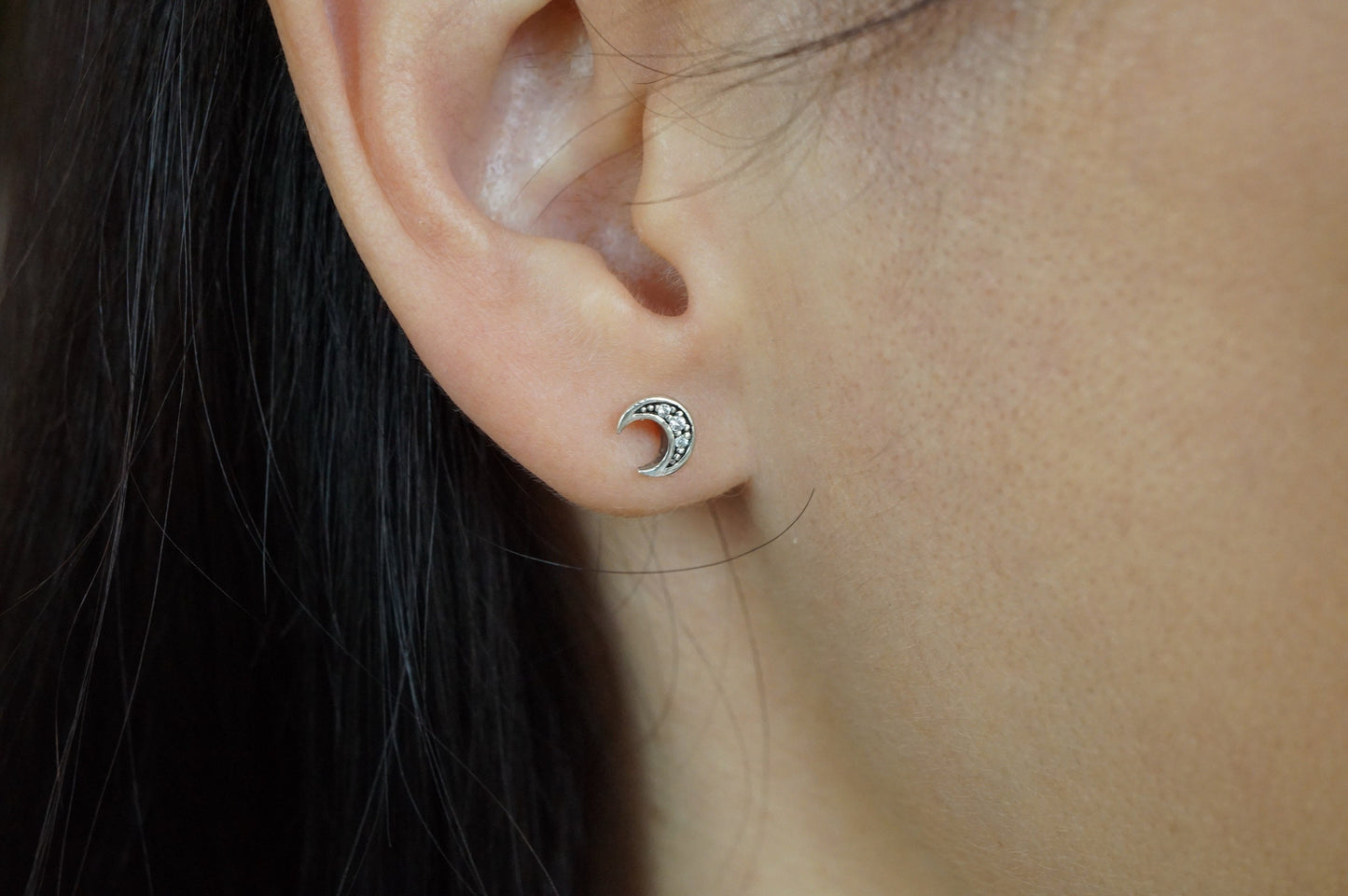 Sterling Silver Moon Zirconia Earrings, Stud earrings, Crescent moon jewelry