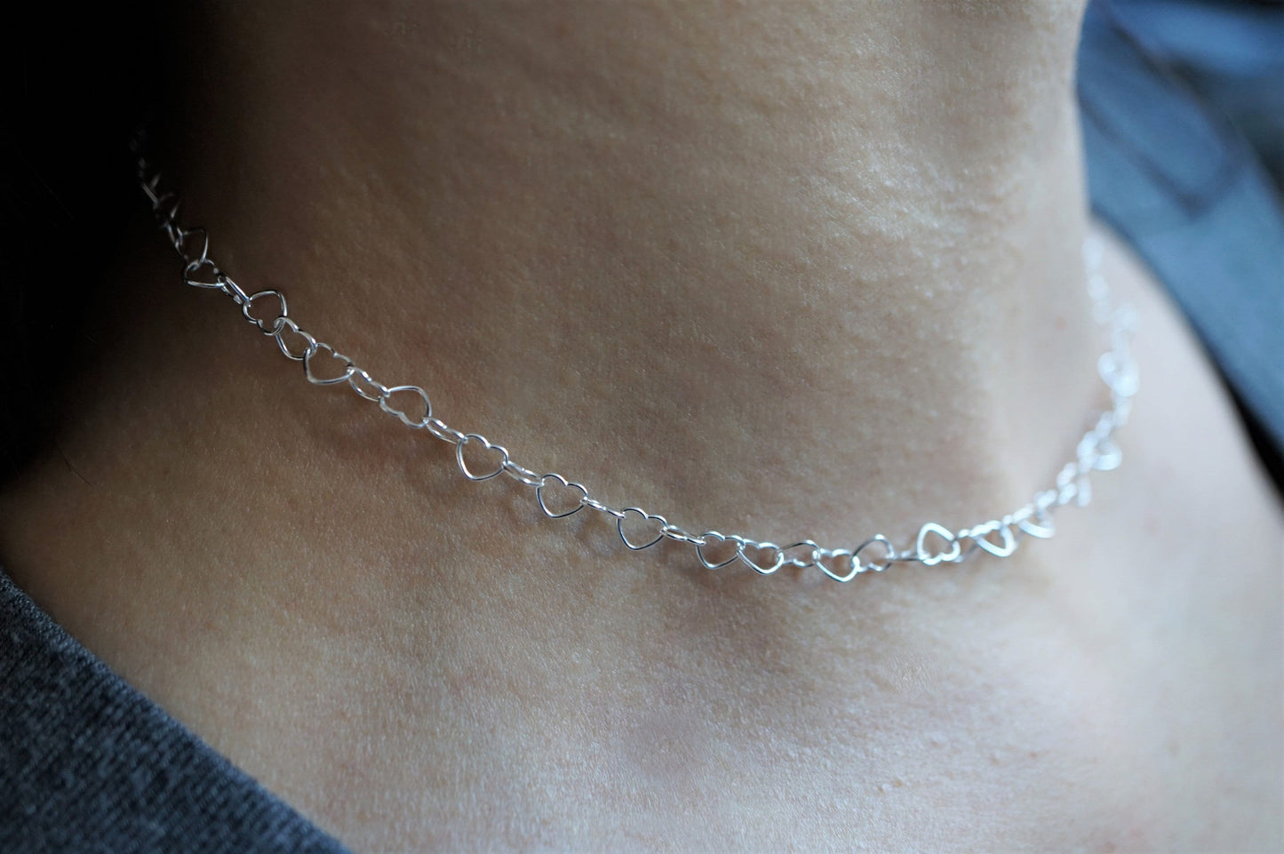 Heart Link Chain Sterling Silver Choker *Feminine *Dainty necklace *Heart gift for her